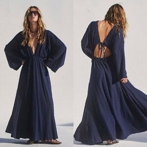 Navy Lace Trim Maxi Dress, Free People, Relaxed Fit, Medium